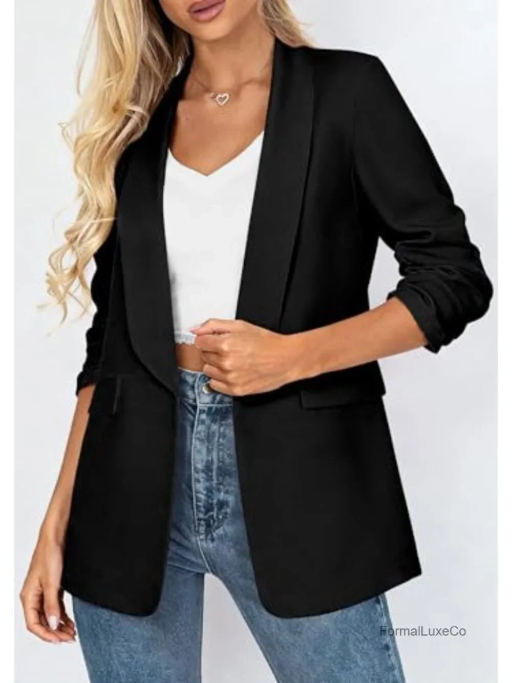 Women's Open Front 3/4 Sleeve Ruched Blazer Business Casual Lightweight Suit